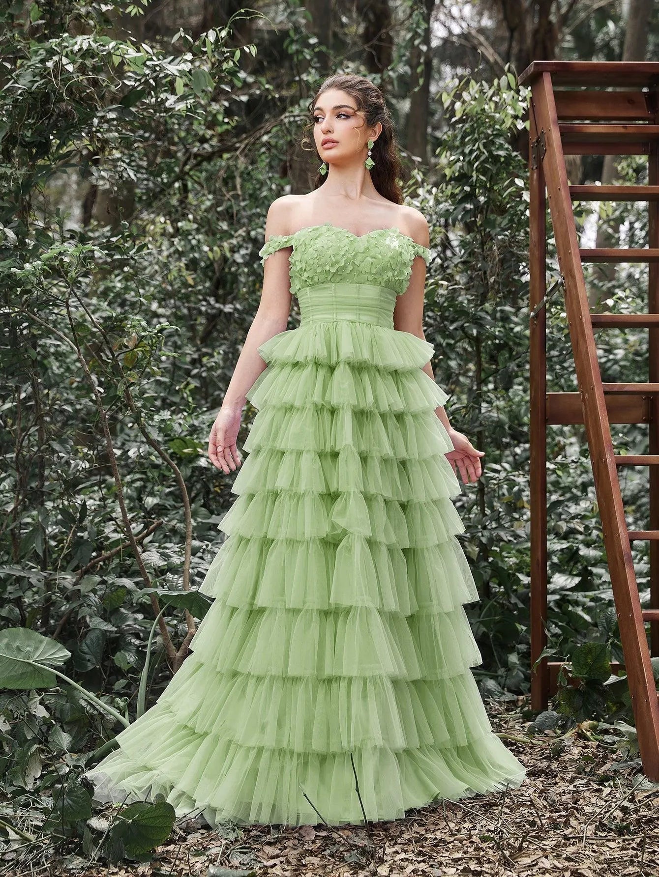 Off-Shoulder Applique Bodice Cascading Ruffle Hem Prom Dress — authorized product image 10