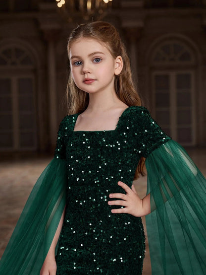 Additional product view of Cloak-Sleeve Square-Neck Sequin Mermaid Maxi Tween Girls' Party Dress