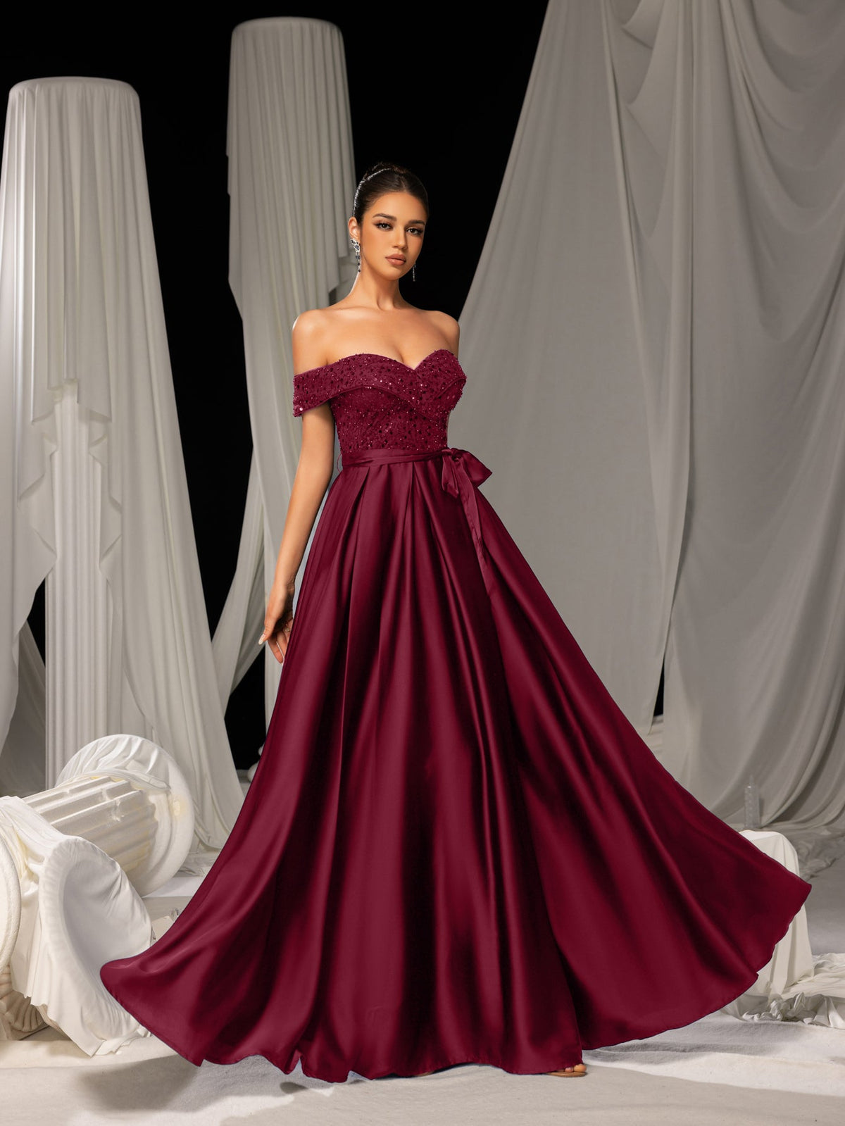 Elegant Off-Shoulder Evening Gown with Sequin Embellishments – High Slit Satin Skirt & Back Zipper for Luxury Weddings or Evening Glam, XS-XL