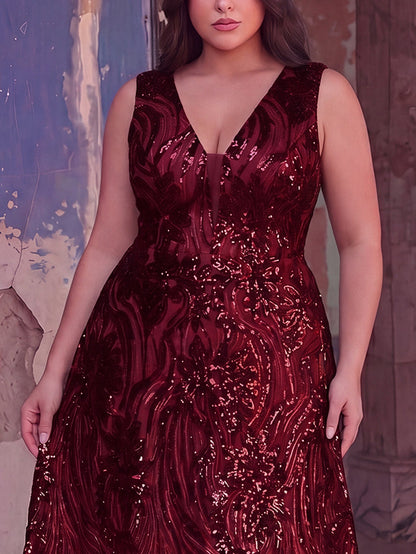 Plus Floral Sequin V Neck Sleeveless A-Line Formal Dress