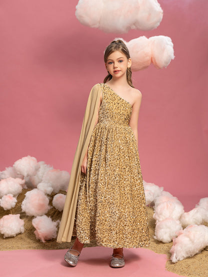 Tween Girls' One-Shoulder Draped Side Sequin A-Line Dress — authorized product image 12