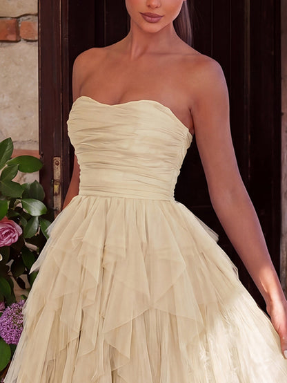Elegant Strapless Mesh Overlay Formal Party Dress
