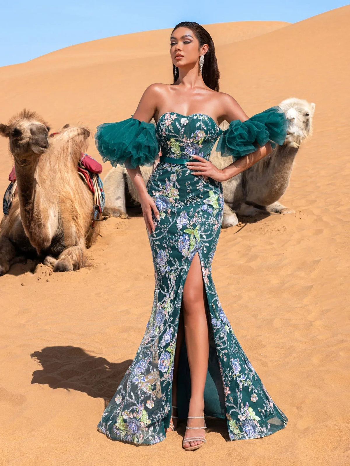 Luxury Strapless Ruffle Sleeve Mermaid Hem Floral Beaded Seuqin Evening Dress — authorized product image 5