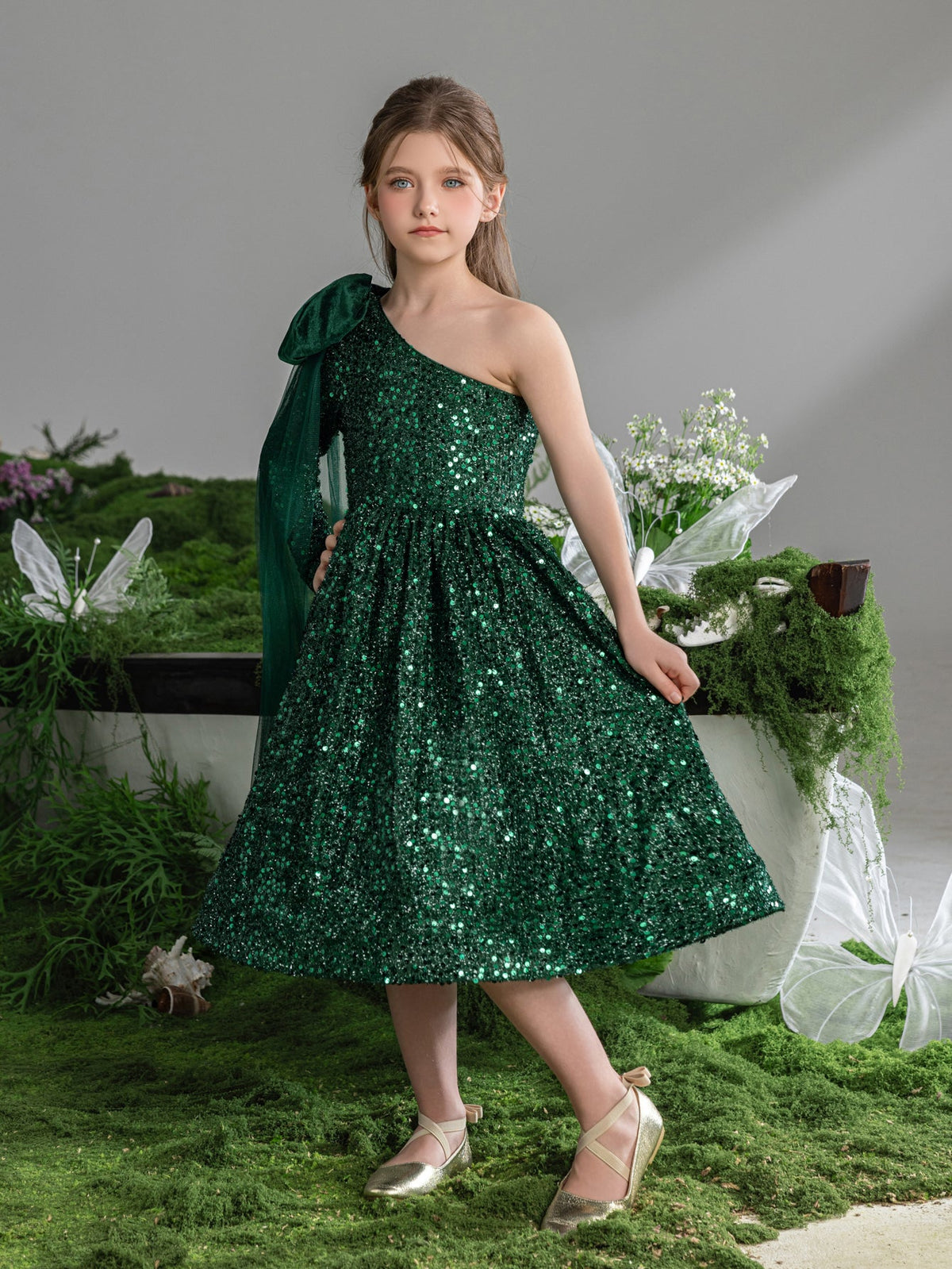 Additional product view of Bow Detail One-Shoulder Sequin A-Line Midi Tween Girls' Party Dress