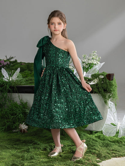 Additional product view of Bow Detail One-Shoulder Sequin A-Line Midi Tween Girls' Party Dress