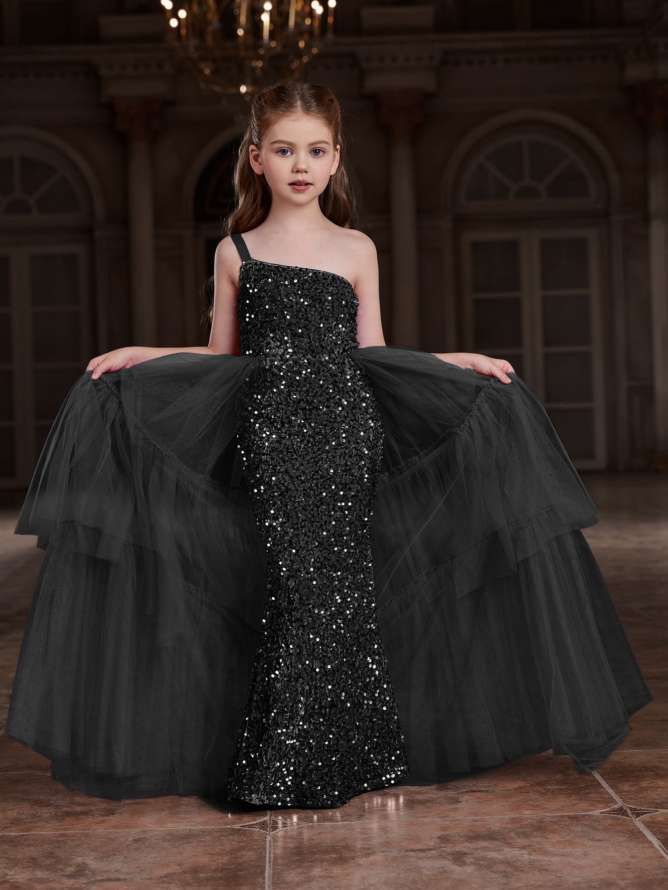 Tween Girls' One-Shoulder Sleeveless Contrast Mesh Sequin Dress — authorized product image 4