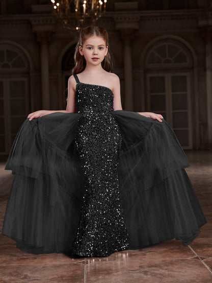 Tween Girls' One-Shoulder Sleeveless Contrast Mesh Sequin Dress — authorized product image 4