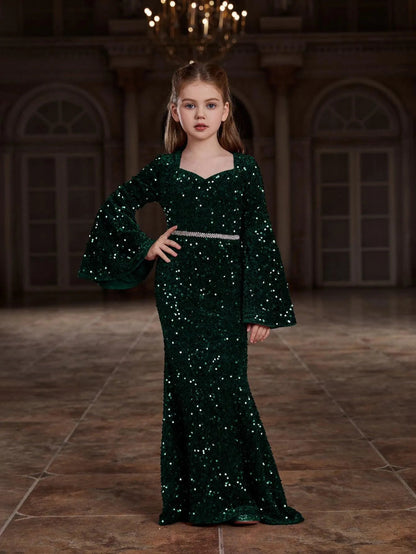 Additional product view of Bell-Sleeve Sweetheart-Neck Sequin Mermaid Maxi Tween Girls' Party Dress