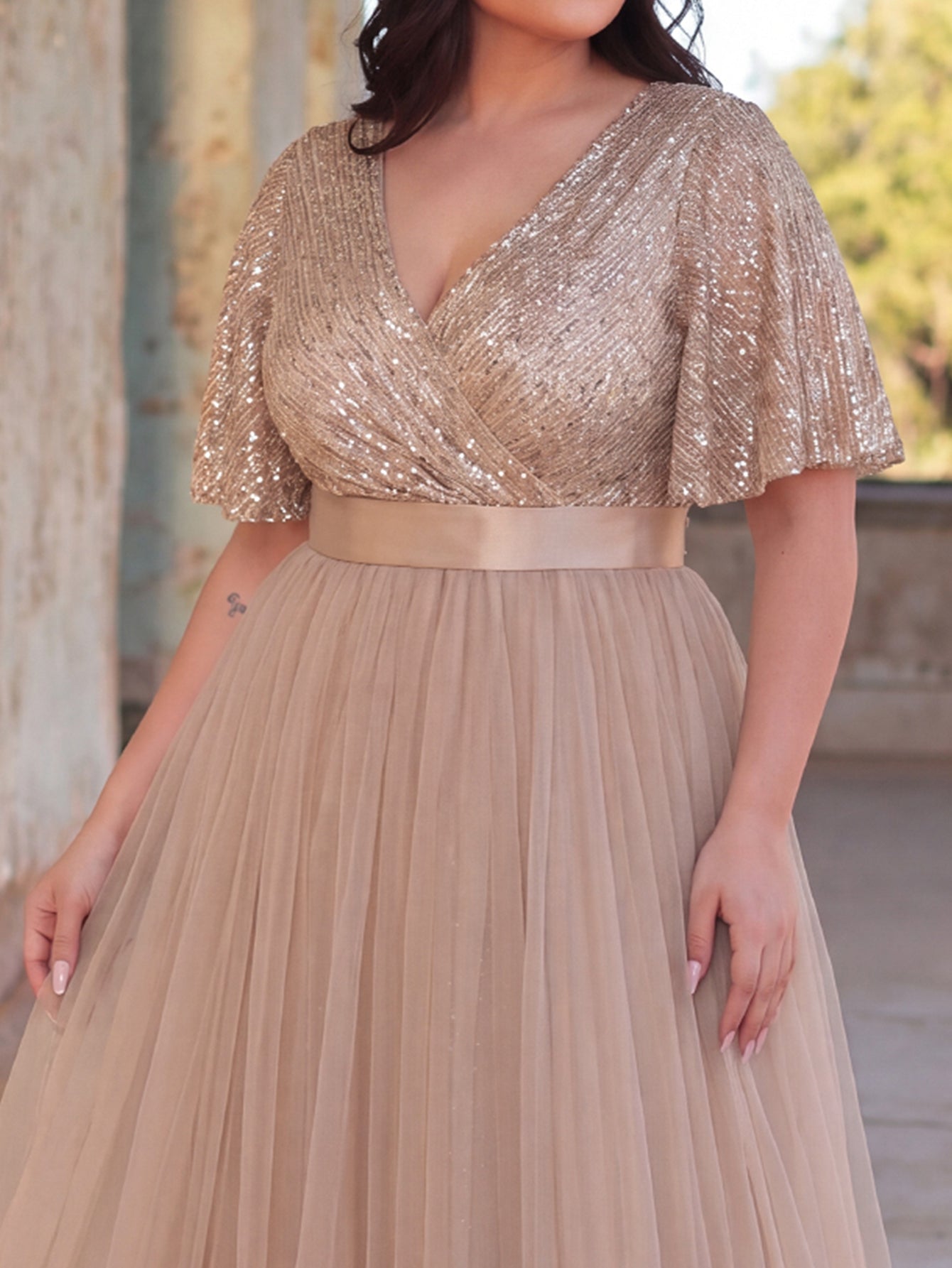 Plus-Size V-Neck Sequin Short-Sleeve A-Line Evening Gown — authorized product image 4