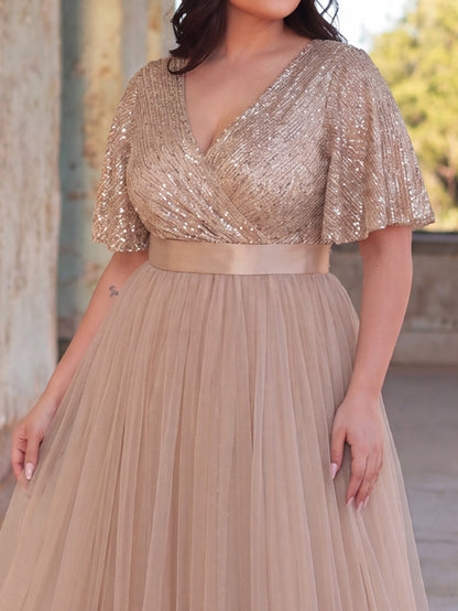 Plus-Size V-Neck Sequin Short-Sleeve A-Line Evening Gown — authorized product image 4