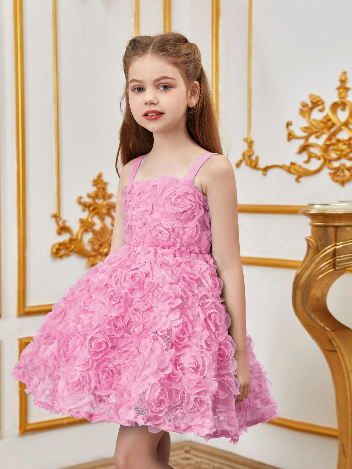 Additional product view of Floral Appliqué Cami Strap A-Line Sleeveless Mesh Tween Girls' Party Dress