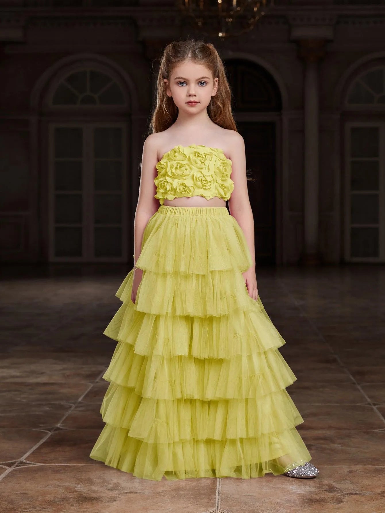 Alternate view of Strapless Mesh 3D-Flower A-Line Sleeveless Girls' Two-Piece Formal Set in Yellow