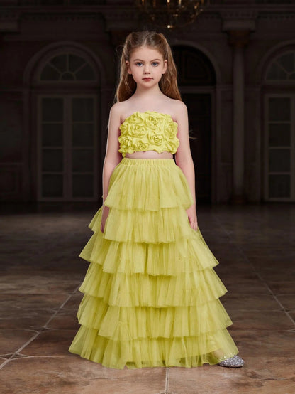 Alternate view of Strapless Mesh 3D-Flower A-Line Sleeveless Girls' Two-Piece Formal Set in Yellow