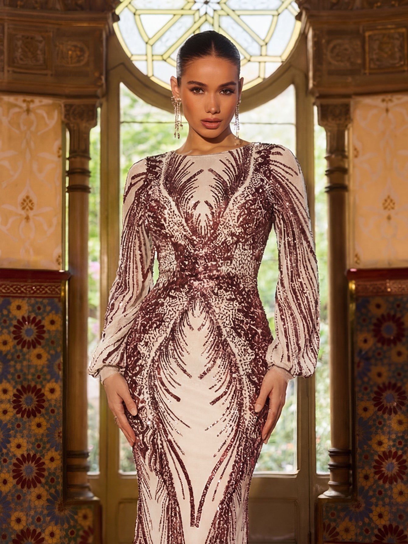 Gorgeous Lantern Sleeves Mermaid Hem Graphic Sequin Evening Dress