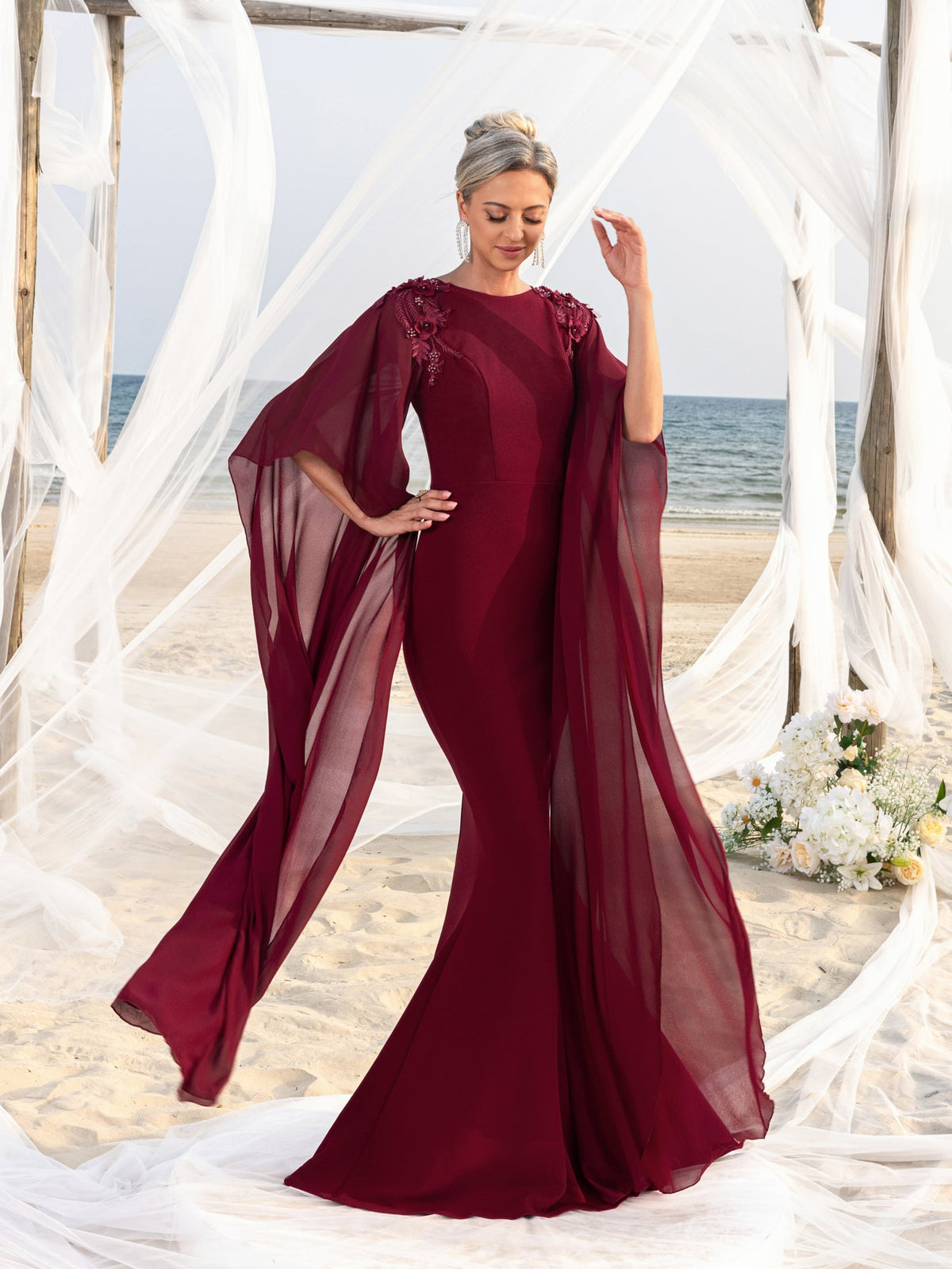 Mother-of-the-Bride Round Neck Chiffon Appliqué Half-Sleeve Mermaid Evening Gown — authorized product image 5