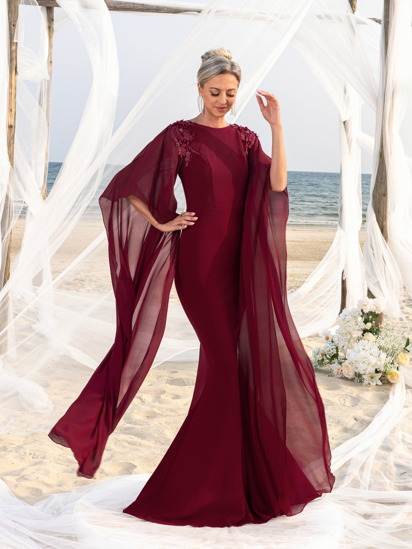 Mother-of-the-Bride Round Neck Chiffon Appliqué Half-Sleeve Mermaid Evening Gown — authorized product image 5