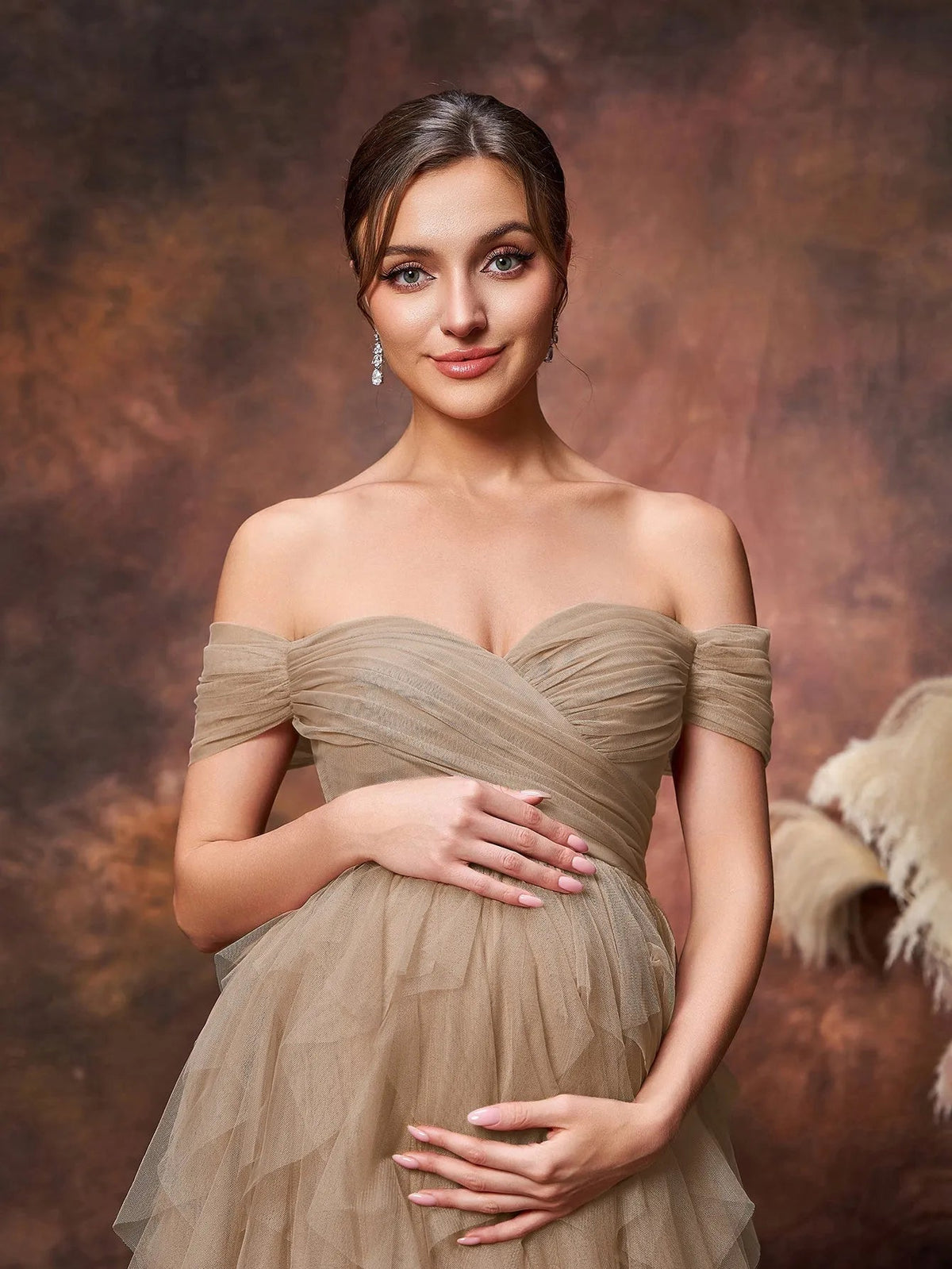 Maternity Off-Shoulder Tulle Short-Sleeve A-Line Evening Gown — authorized product image 12