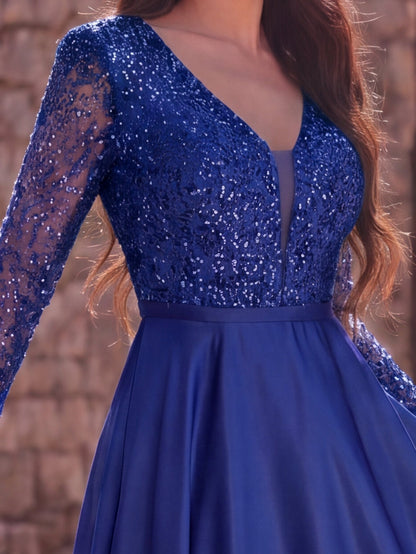 Elegant V-Neck Long Sleeve Evening Gown with Puffed Sleeve Detailing, Sequin Beaded Embellishments, Thin Waist Belt & Satin A-Line Skirt | Elegant Formal Dress for Special Occasions