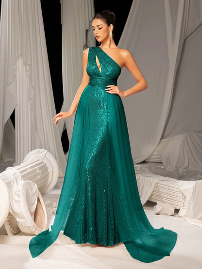 Additional product view of Mesh Overlay One-Shoulder Sequin Mermaid Sleeveless Evening Gown