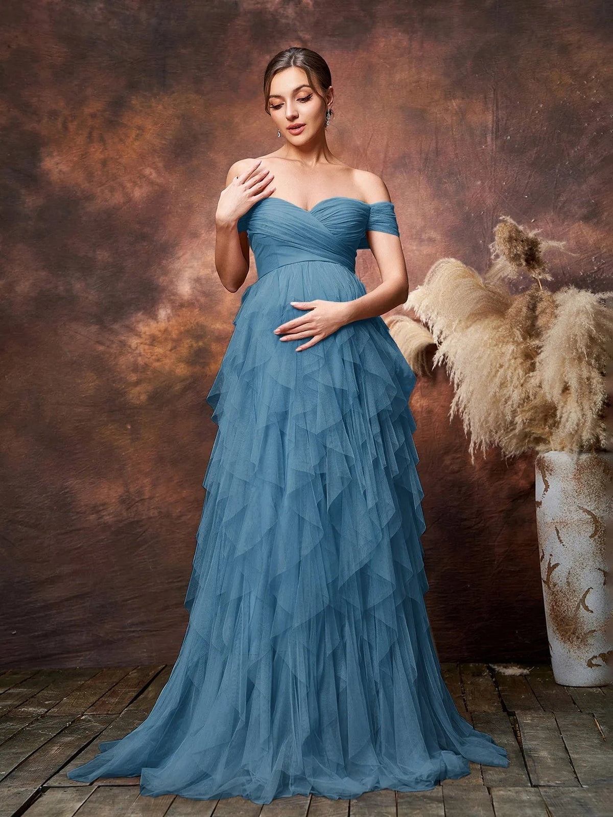 Maternity Off-Shoulder Tulle Short-Sleeve A-Line Evening Gown — authorized product image 15