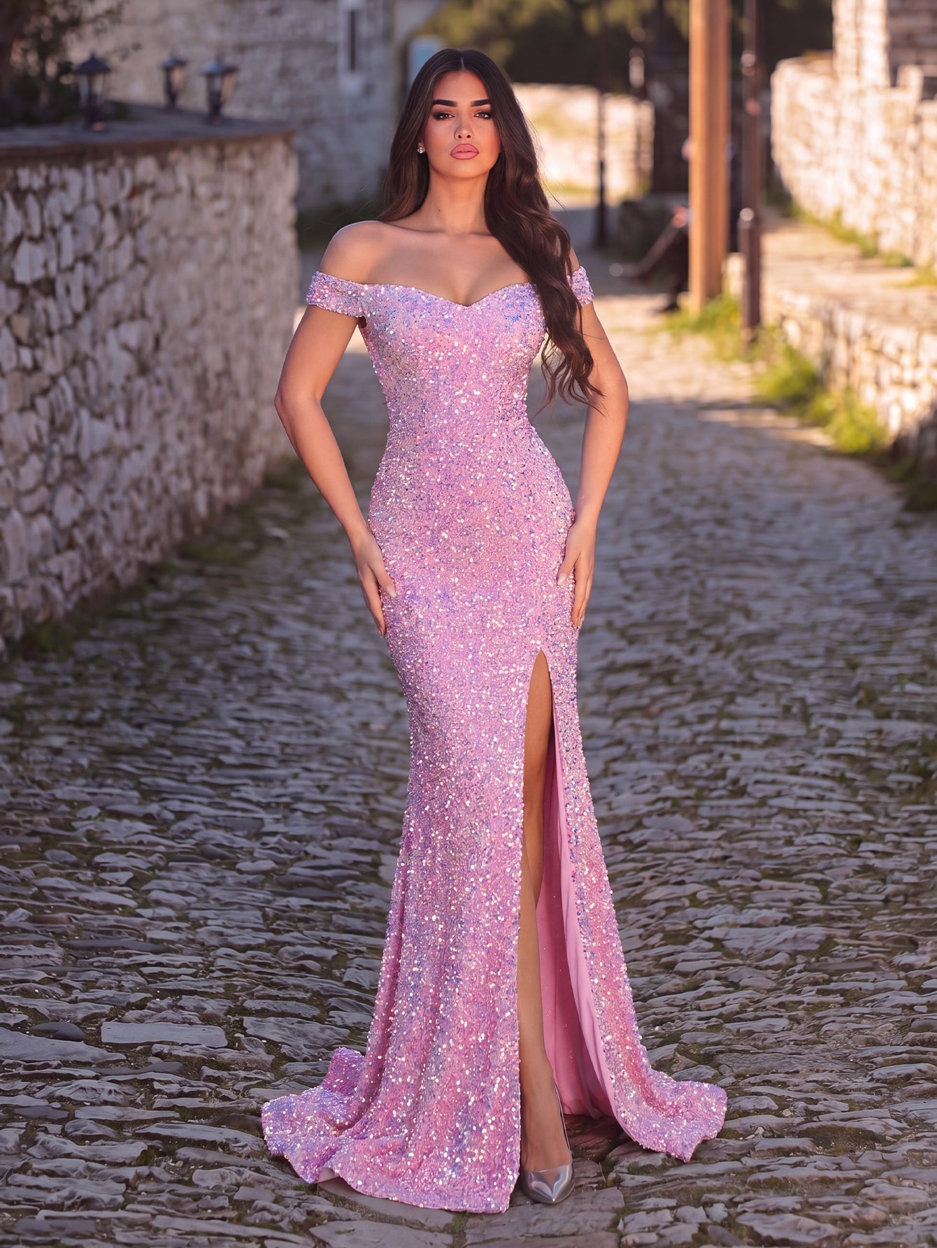 High-Slit Off-Shoulder Sequin Mermaid Short-Sleeve Evening Gown in Pink