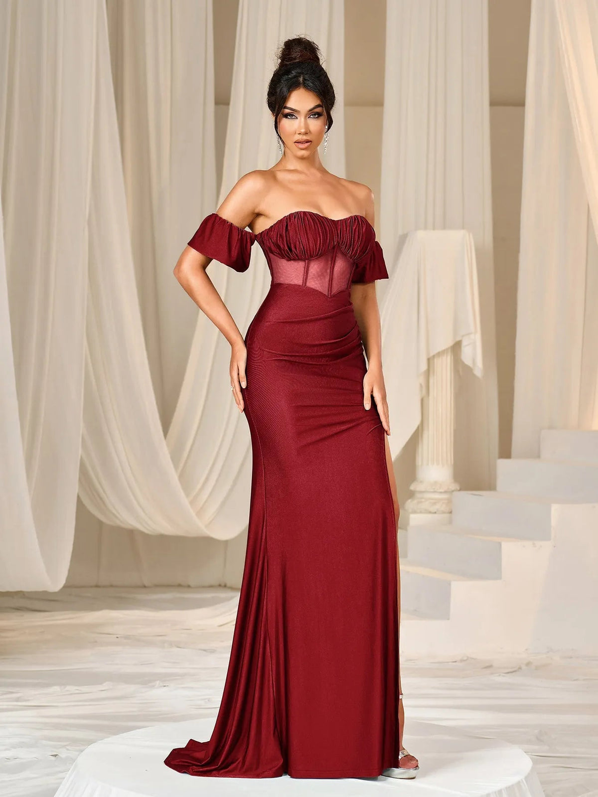 Additional product view of Mermaid Hem Off-Shoulder Knit Backless Short-Sleeve Evening Gown