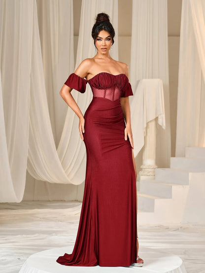Additional product view of Mermaid Hem Off-Shoulder Knit Backless Short-Sleeve Evening Gown