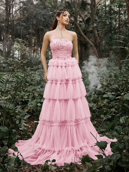One-Shoulder Sequin Tulle Sleeveless A-Line Evening Gown — authorized product image 9