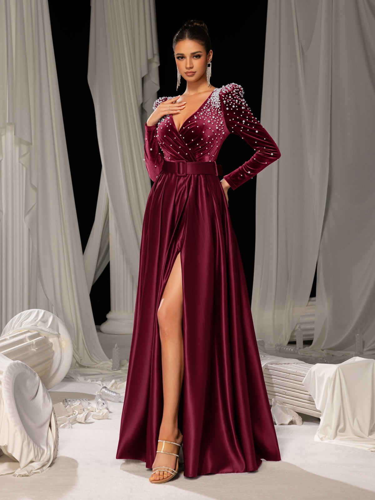 Elegant Evening Gown with Deep V-Neck & Side Slit – Luxurious Satin Gown for Red Carpet, Gala Dinners & High-End Events