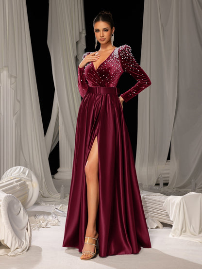 Elegant Evening Gown with Deep V-Neck & Side Slit – Luxurious Satin Gown for Red Carpet, Gala Dinners & High-End Events