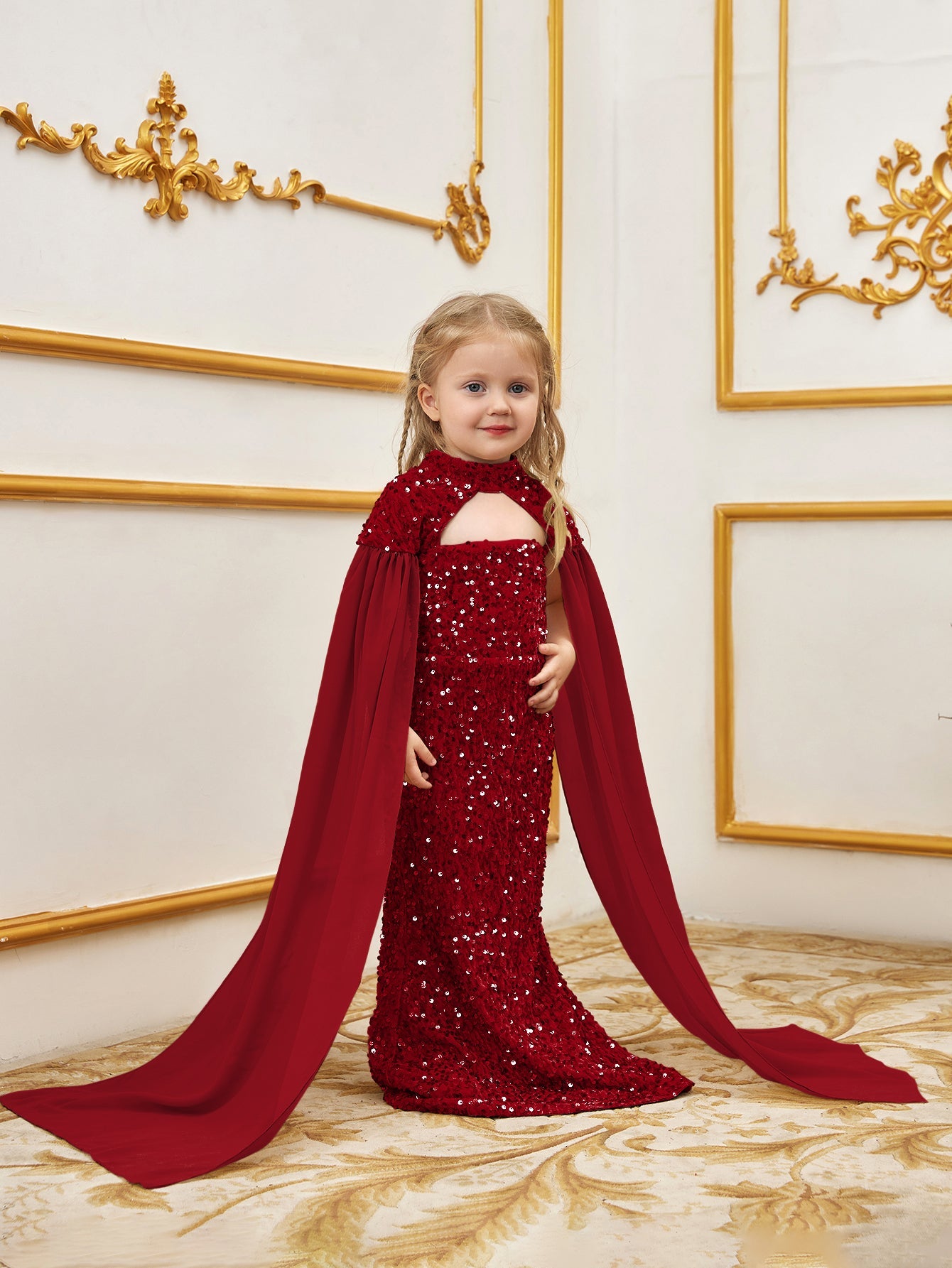 Additional product view of Cape-Sleeve Mock-Neck Sequin Mermaid Maxi Young Girls' Party Dress