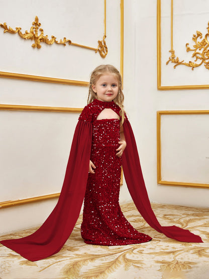 Additional product view of Cape-Sleeve Mock-Neck Sequin Mermaid Maxi Young Girls' Party Dress