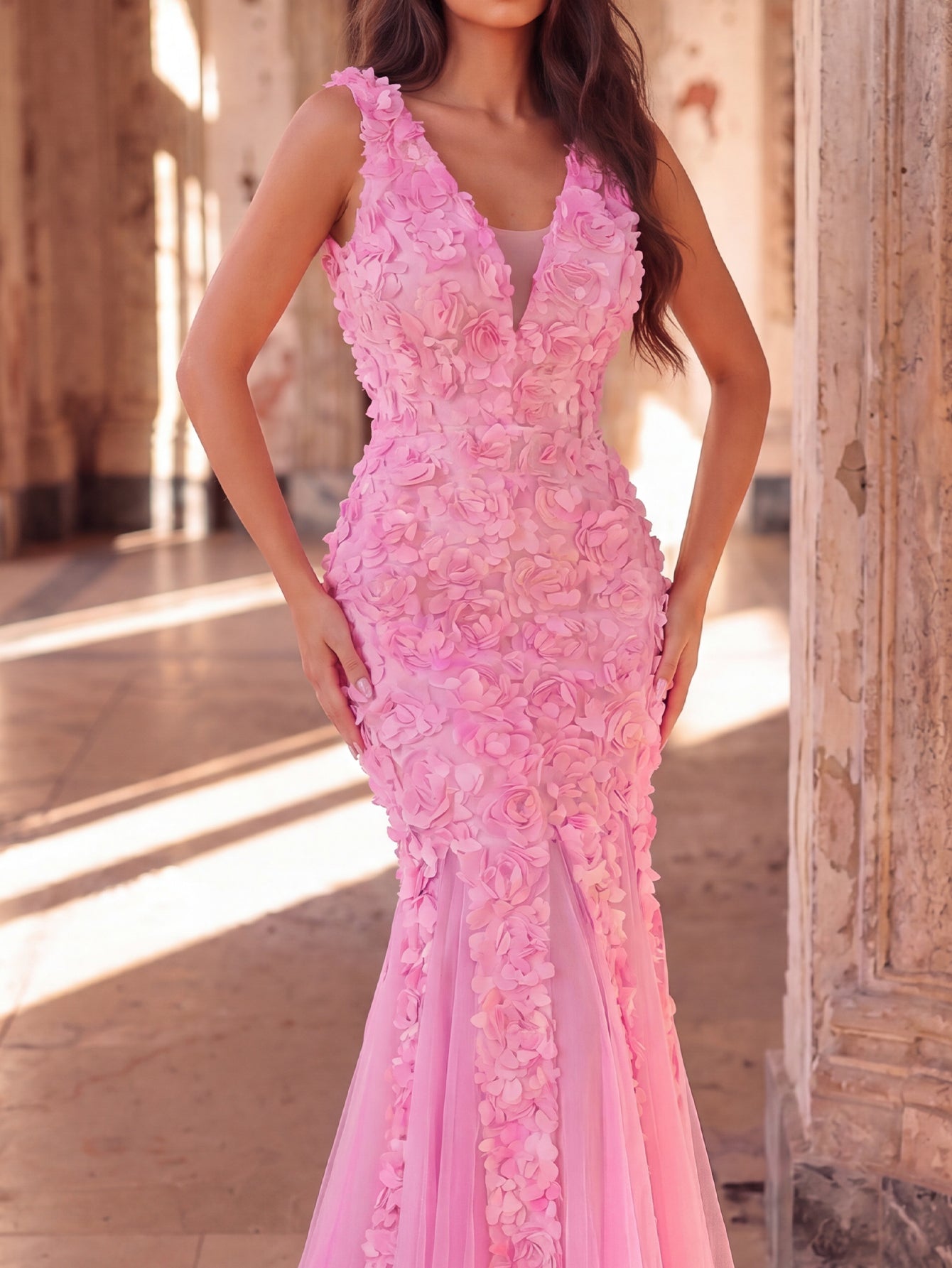 3D Floral Appliqué Tulle Maxi Dress | Halter Neck Mermaid Silhouette with Open Back & High Leg Slit | Evening Gown for Weddings, Parties, Prom