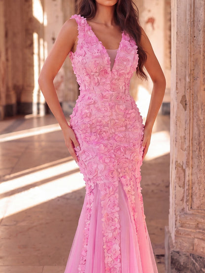 3D Floral Appliqué Tulle Maxi Dress | Halter Neck Mermaid Silhouette with Open Back & High Leg Slit | Evening Gown for Weddings, Parties, Prom
