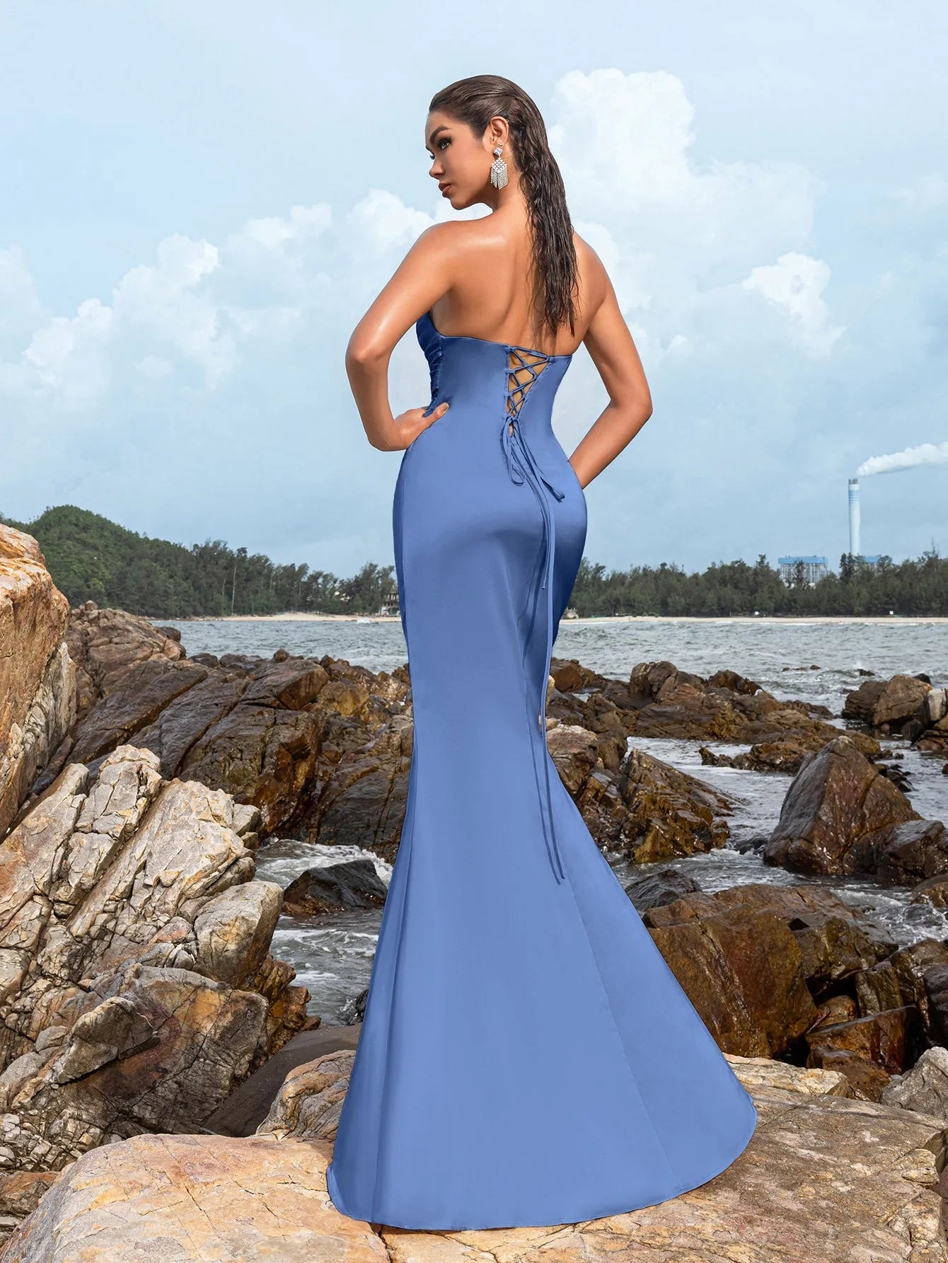 Additional product view of High-Slit Strapless Satin Sequin Mermaid Evening Gown