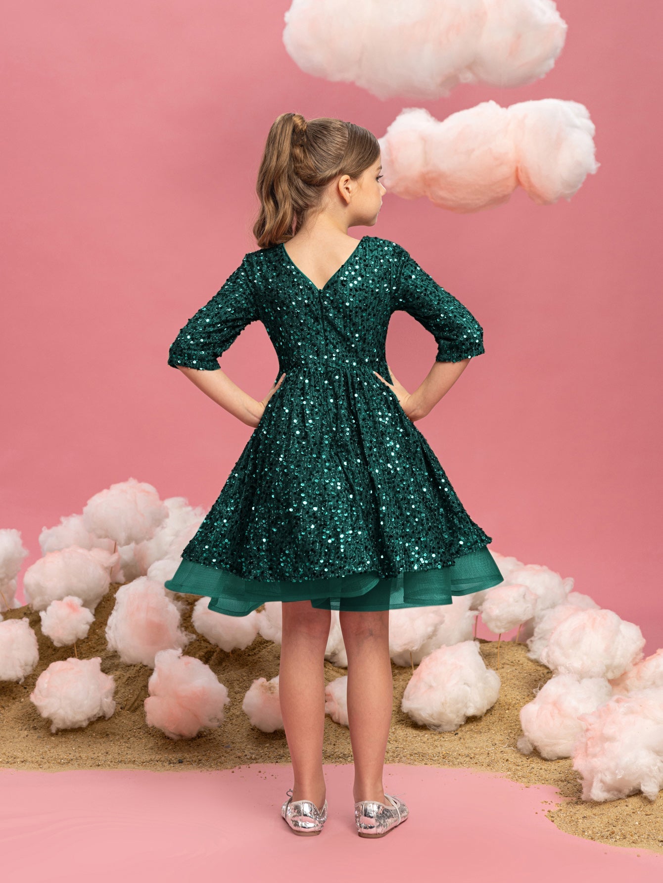Additional product view of Three-Quarter-Sleeve Bow Detail Sequin A-Line Midi Tween Girls' Party Dress