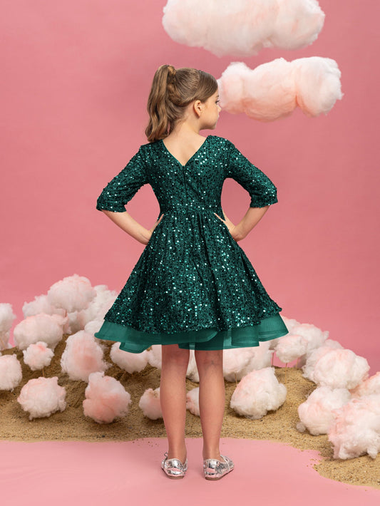 Additional product view of Three-Quarter-Sleeve Bow Detail Sequin A-Line Midi Tween Girls' Party Dress