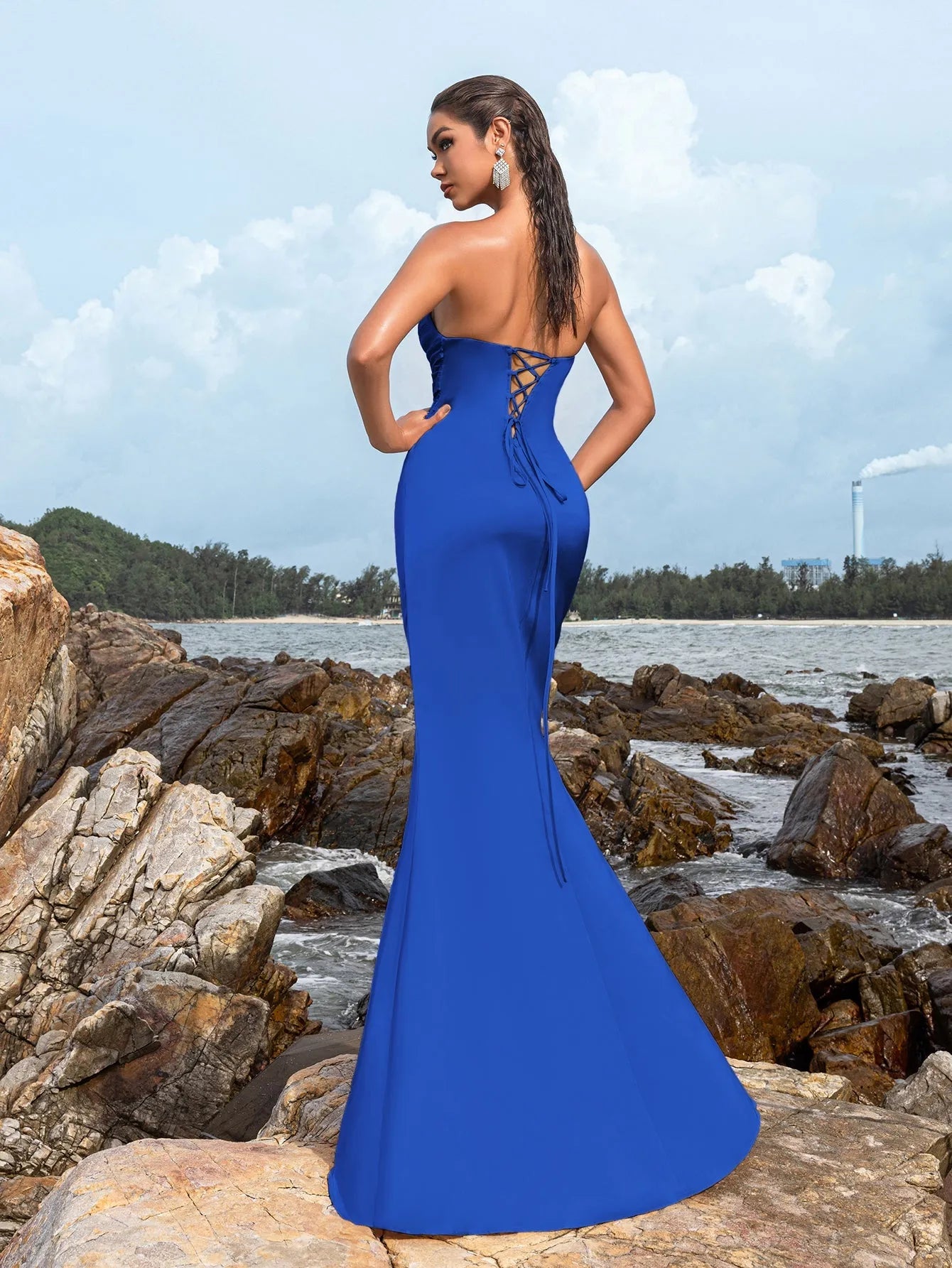 Additional product view of High-Slit Strapless Satin Sequin Mermaid Evening Gown