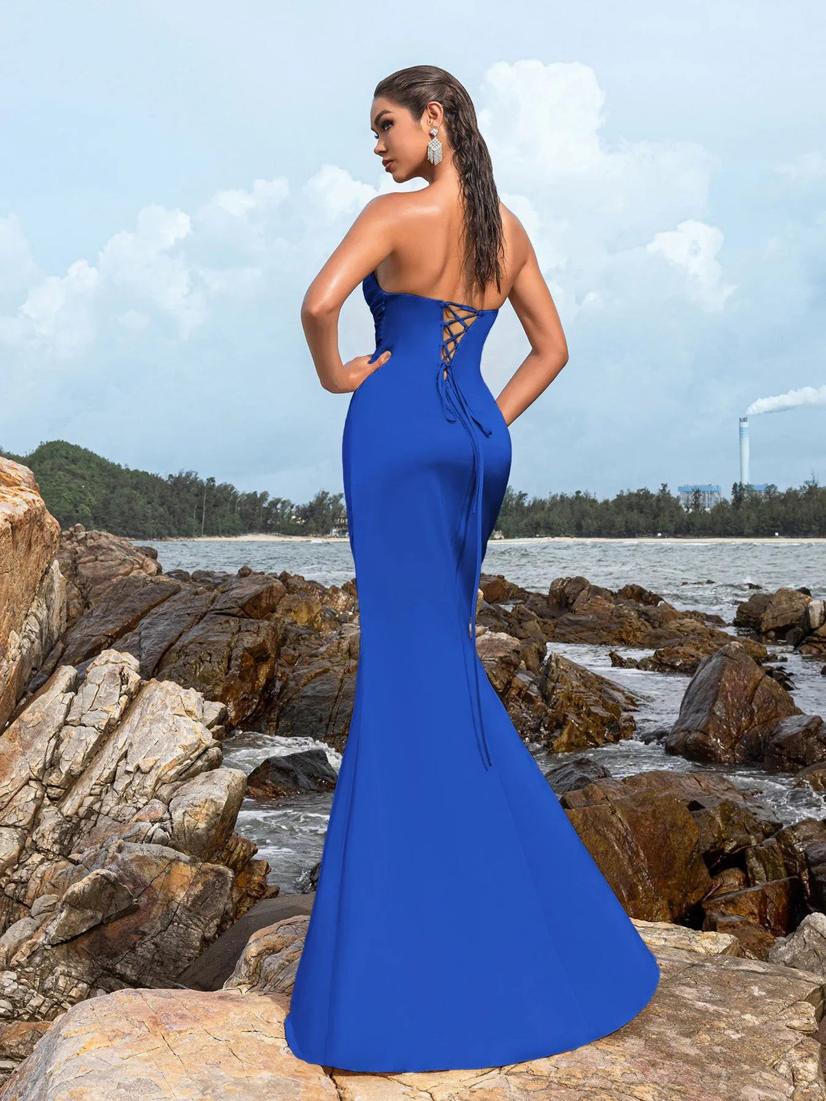 Additional product view of High-Slit Strapless Satin Sequin Mermaid Evening Gown