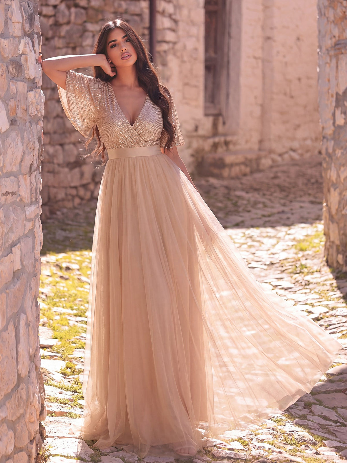 Additional product view of Surplice-Neck V-Neck Mesh Sequin A-Line Evening Gown