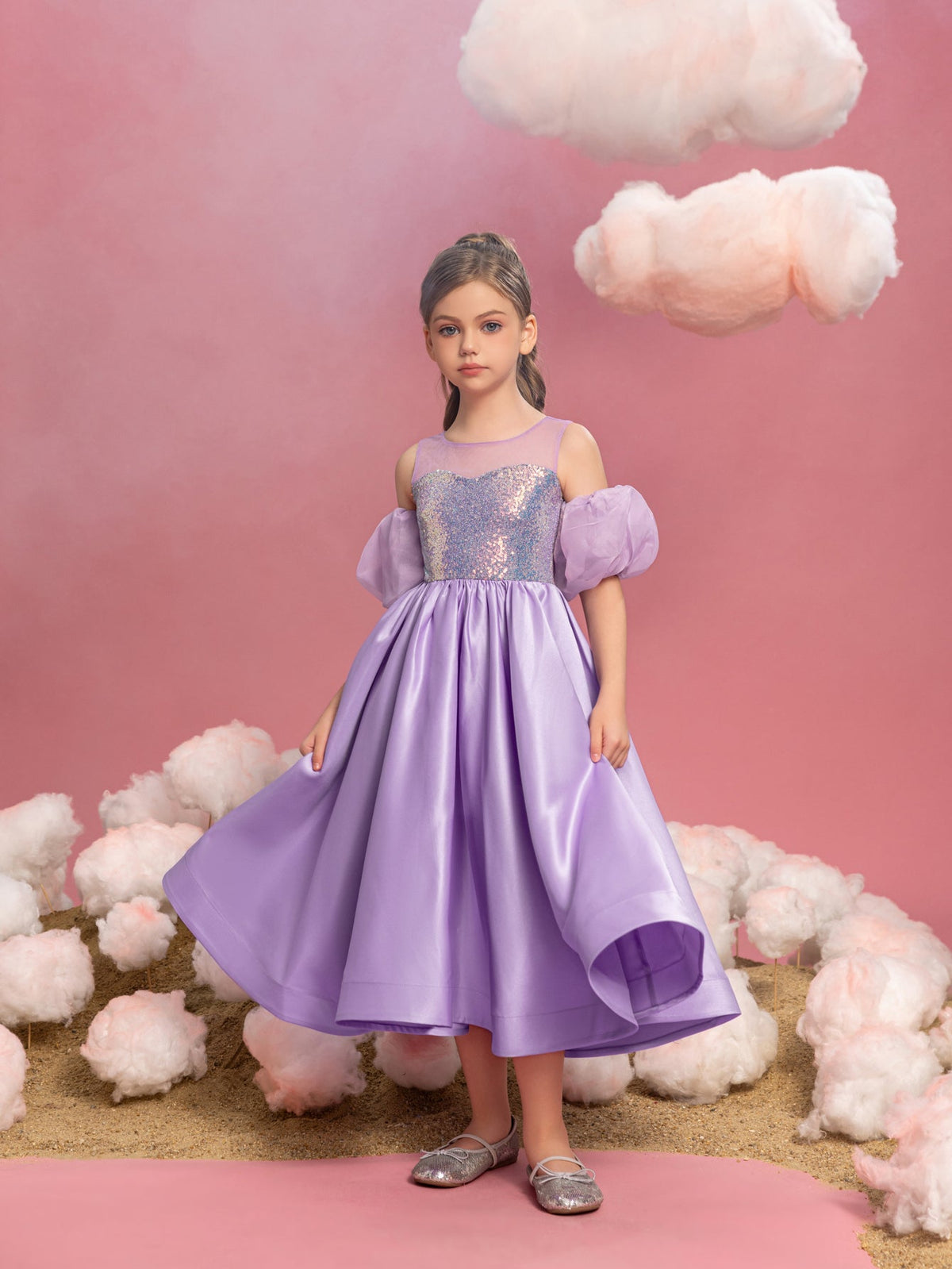 Additional product view of Puff-Sleeve Sequin A-Line Satin Midi Tween Girls' Party Dress