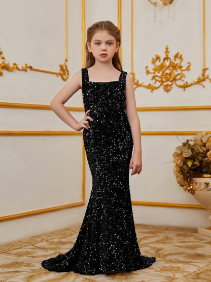 Additional product view of Mermaid Hem Square-Neck Sequin Sleeveless Maxi Tween Girls' Party Dress