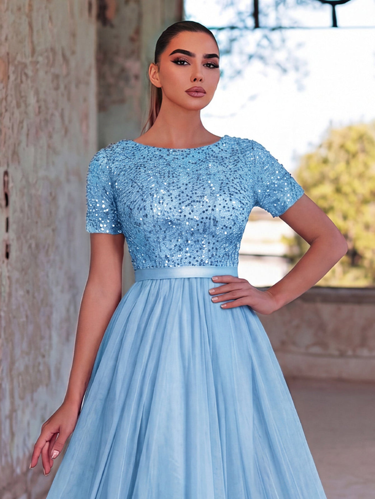 Additional product view of Tulle Skirt Boat-Neck Sequin A-Line Short-Sleeve Evening Gown