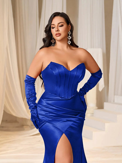 Plus Ruched Wrap Hem Satin Tube Prom Dress（Gloves Included） – view 6