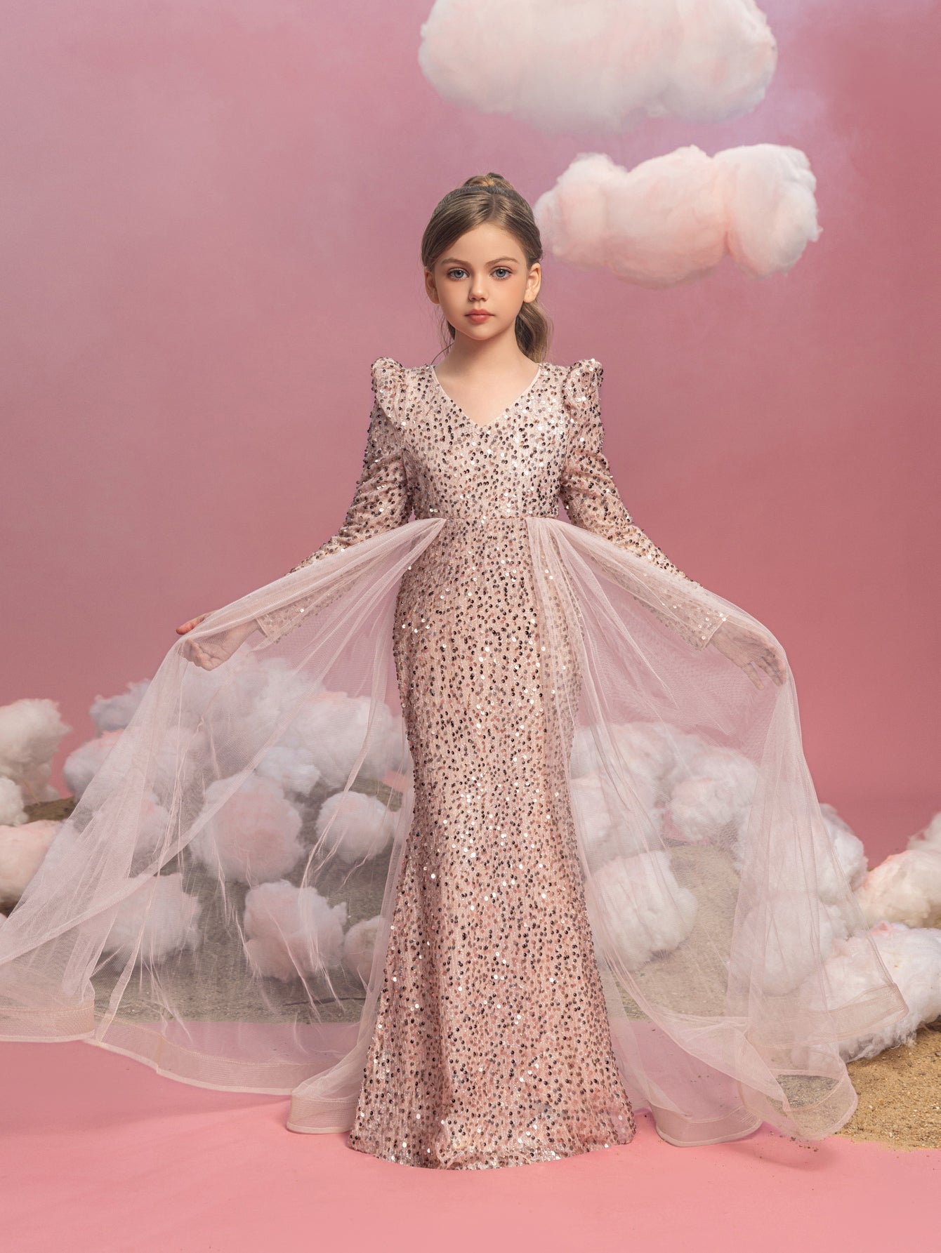 Additional product view of Mesh Overlay V-Neck Sequin Mermaid Long-Sleeve Tween Girls' Party Dress