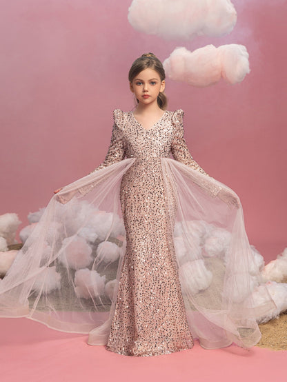 Additional product view of Mesh Overlay V-Neck Sequin Mermaid Long-Sleeve Tween Girls' Party Dress