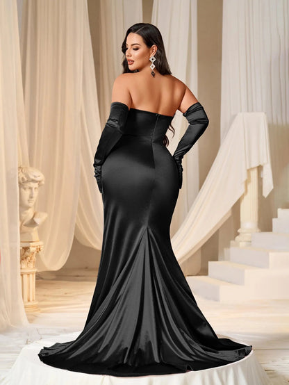 Plus Ruched Wrap Hem Satin Tube Prom Dress（Gloves Included） – view 8