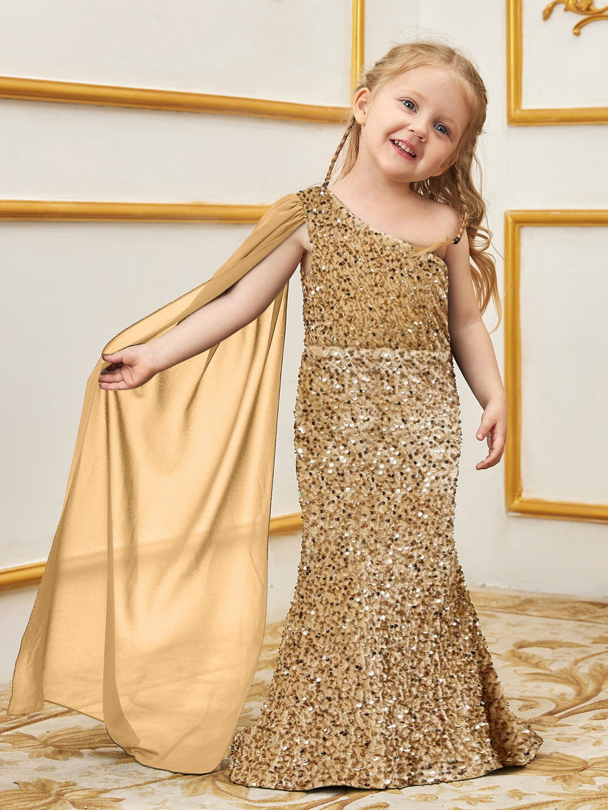 Additional product view of Draped Side One-Shoulder Sequin Mermaid Sleeveless Young Girls' Party Dress