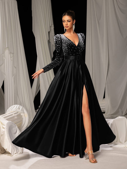 Elegant Evening Gown with Deep V-Neck & Side Slit – Luxurious Satin Gown for Red Carpet, Gala Dinners & High-End Events
