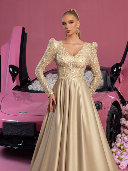 Elegant V Neck Lace Bodice Satin A-line Prom Dress